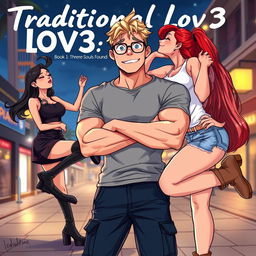 In an engaging illustration for the title 'Traditional Lov3' and subtitle 'Book 1: Three Souls Found', we focus on a muscle-toned nerdy man center stage, dressed in a casual grey t-shirt and dark blue cargo pants