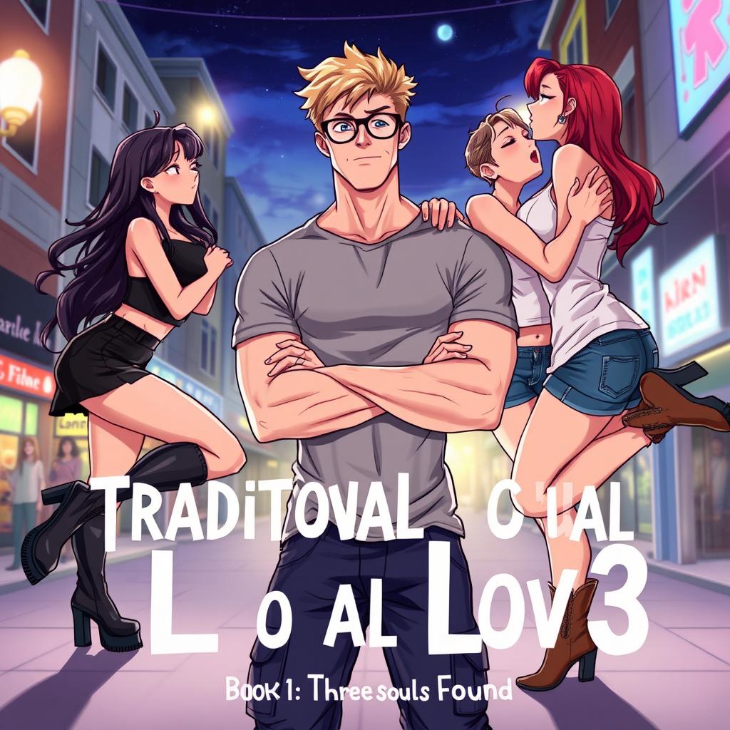 In an engaging illustration for the title 'Traditional Lov3' and subtitle 'Book 1: Three Souls Found', we focus on a muscle-toned nerdy man center stage, dressed in a casual grey t-shirt and dark blue cargo pants