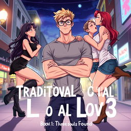 In an engaging illustration for the title 'Traditional Lov3' and subtitle 'Book 1: Three Souls Found', we focus on a muscle-toned nerdy man center stage, dressed in a casual grey t-shirt and dark blue cargo pants