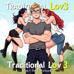 In a realistic illustration for the title 'Traditional Lov3' and subtitle 'Book 1: Three Souls Found', we center on a muscle-toned nerdy man