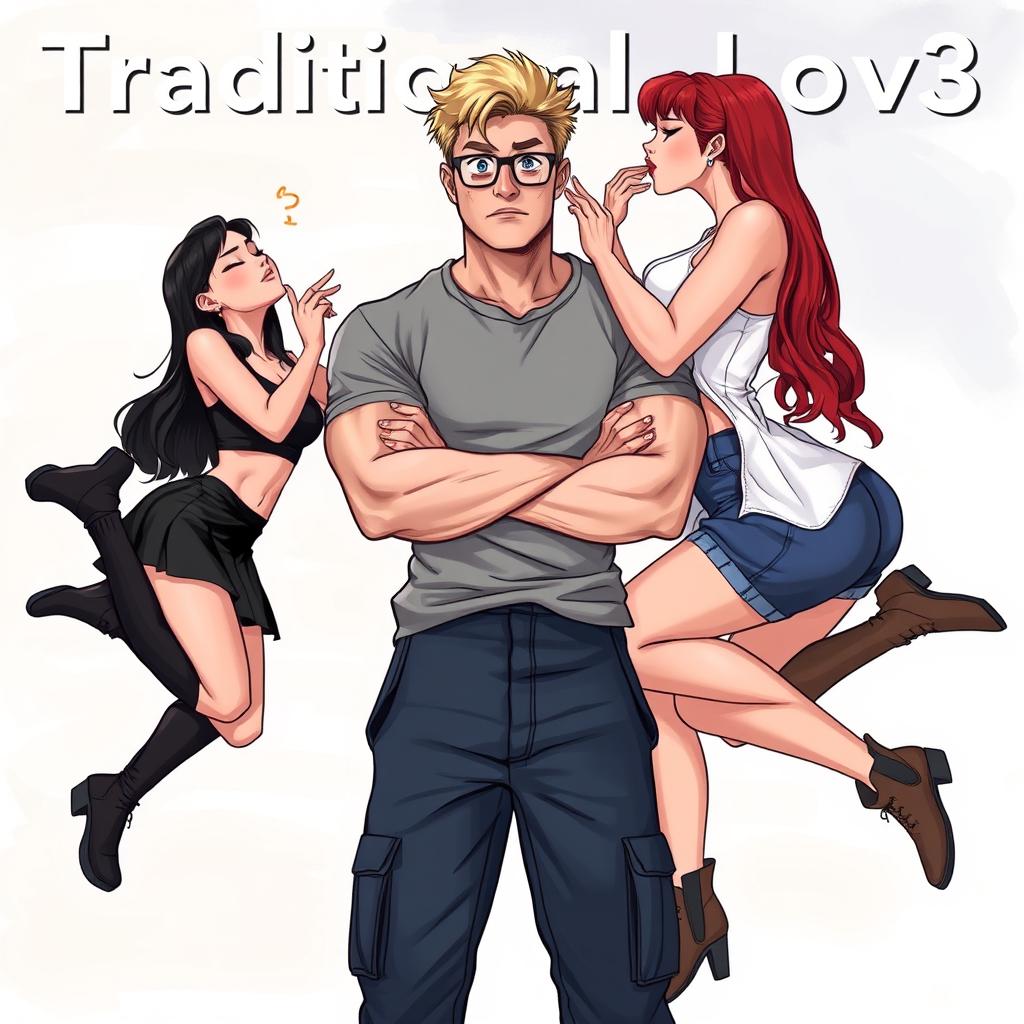 In a realistic illustration for the title 'Traditional Lov3' and subtitle 'Book 1: Three Souls Found', we center on a muscle-toned nerdy man