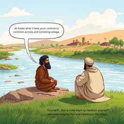 Youssef, seated on the riverbank, expresses curiosity about a commotion happening across the river