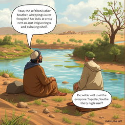 Youssef, seated on the riverbank, expresses curiosity about a commotion happening across the river