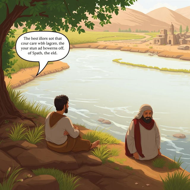 Youssef, seated on the riverbank, expresses curiosity about a commotion happening across the river