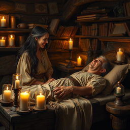 In a cozy, dimly lit medieval room, a skilled female healer, aged 45, with long dark hair streaked with silver, lovingly tends to an injured man of the same age