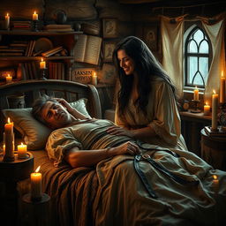 In a cozy, dimly lit medieval room, a skilled female healer, aged 45, with long dark hair streaked with silver, lovingly tends to an injured man of the same age