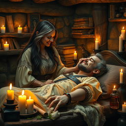 In a cozy, dimly lit medieval room, a skilled female healer, aged 45, with long dark hair streaked with silver, lovingly tends to an injured man of the same age
