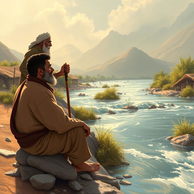 In a remote village by the banks of a flowing river, a young man named Youssef is portrayed sitting by the water, gazing contemplatively, dreaming of expanding his farm and improving his life