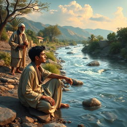 In a remote village by the banks of a flowing river, a young man named Youssef is portrayed sitting by the water, gazing contemplatively, dreaming of expanding his farm and improving his life