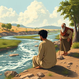 In a remote village by the banks of a flowing river, a young man named Youssef is portrayed sitting by the water, gazing contemplatively, dreaming of expanding his farm and improving his life