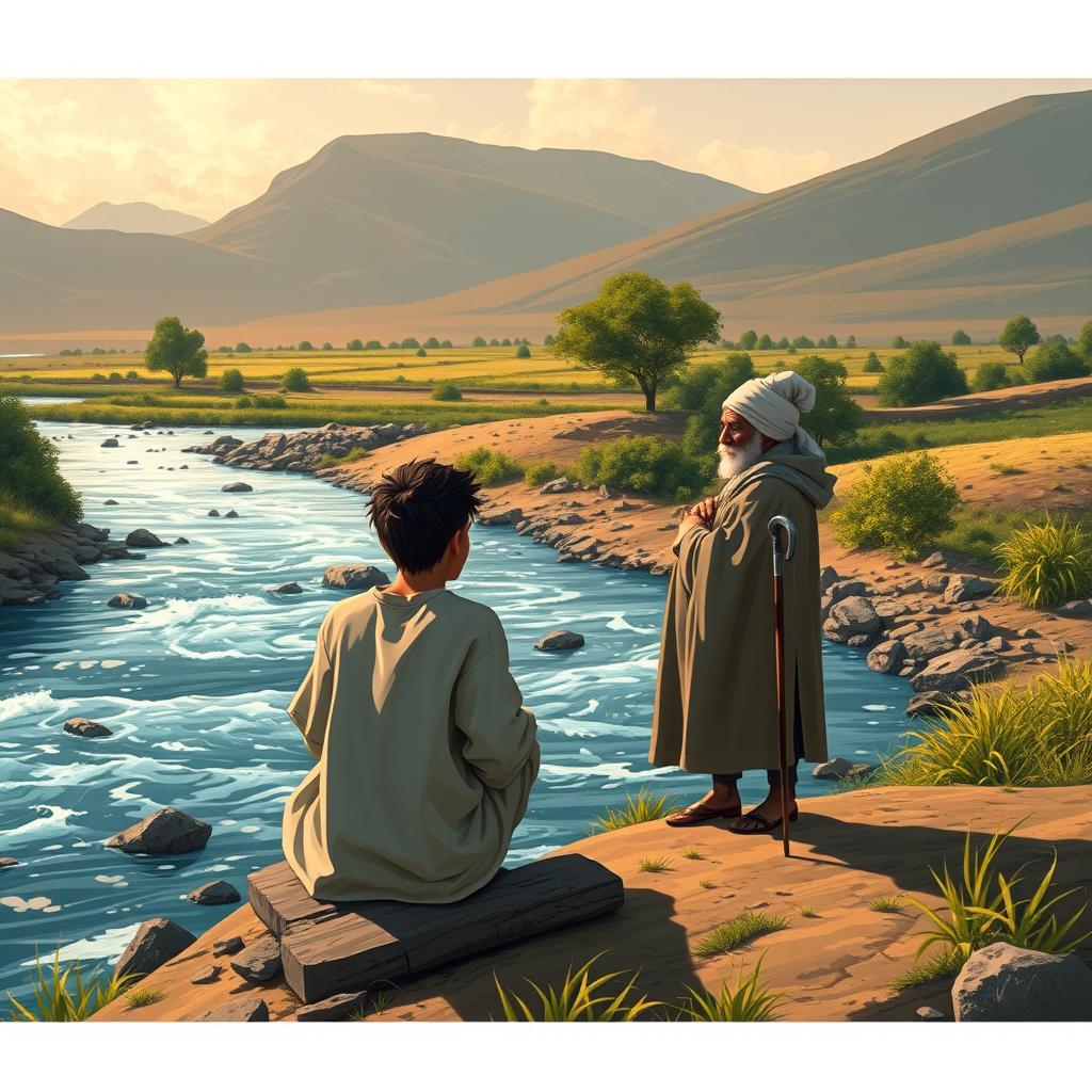 In a remote village by the banks of a flowing river, a young man named Youssef is portrayed sitting by the water, gazing contemplatively, dreaming of expanding his farm and improving his life