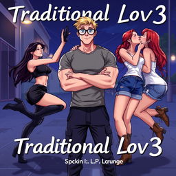In a realistic illustration for the title 'Traditional Lov3' and subtitle 'Book 1: Three Souls Found', we focus on a muscle-toned nerdy man positioned at the center