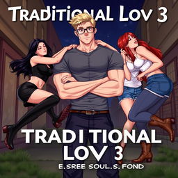 In a realistic illustration for the title 'Traditional Lov3' and subtitle 'Book 1: Three Souls Found', we focus on a muscle-toned nerdy man positioned at the center