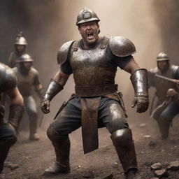 Transform the image of the miner into a battle scene