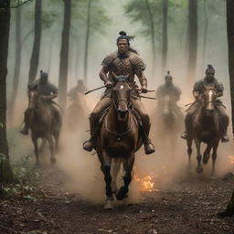 The image of the warrior and his soldiers intensifies as they mount on horses, charging towards hidden tribes in the forest