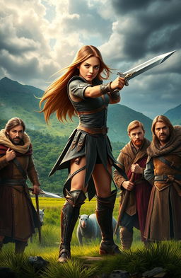 A young woman in dynamic action stance, wielding a beautifully designed sword, standing confidently amidst four men who are in varied poses of surprise and admiration