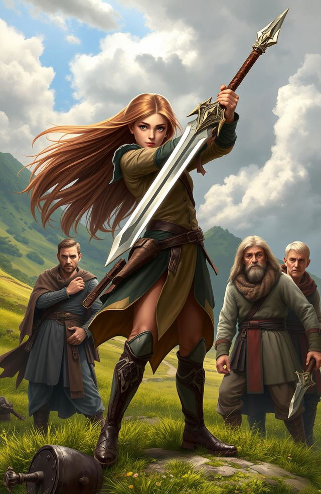 A young woman in dynamic action stance, wielding a beautifully designed sword, standing confidently amidst four men who are in varied poses of surprise and admiration