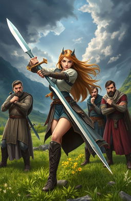 A young woman in dynamic action stance, wielding a beautifully designed sword, standing confidently amidst four men who are in varied poses of surprise and admiration