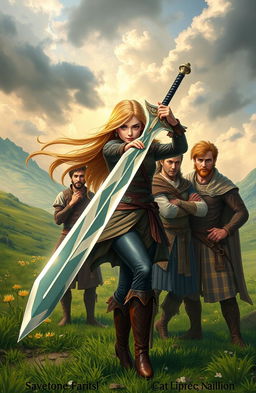 A young woman in dynamic action stance, wielding a beautifully designed sword, standing confidently amidst four men who are in varied poses of surprise and admiration