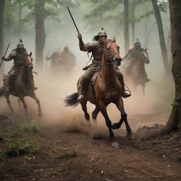 The image of the warrior and his soldiers intensifies as they mount on horses, charging towards hidden tribes in the forest