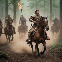 The image of the warrior and his soldiers intensifies as they mount on horses, charging towards hidden tribes in the forest