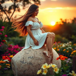 A voluptuous woman with long flowing hair, wearing a stylish summer dress, playfully sitting on a large cork in a beautiful outdoor setting