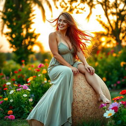 A voluptuous woman with long flowing hair, wearing a stylish summer dress, playfully sitting on a large cork in a beautiful outdoor setting