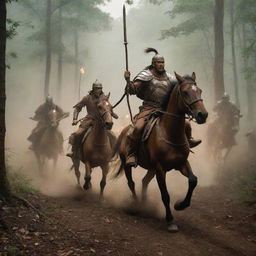 The image of the warrior and his soldiers intensifies as they mount on horses, charging towards hidden tribes in the forest