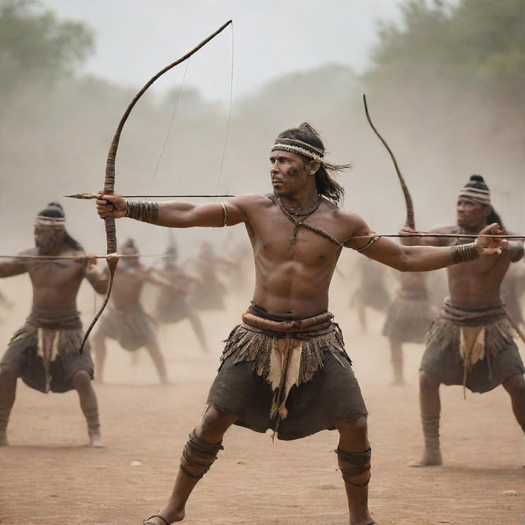 Transform the scene to show the tribal men defending their homeland using arrows