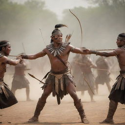 Transform the scene to show the tribal men defending their homeland using arrows