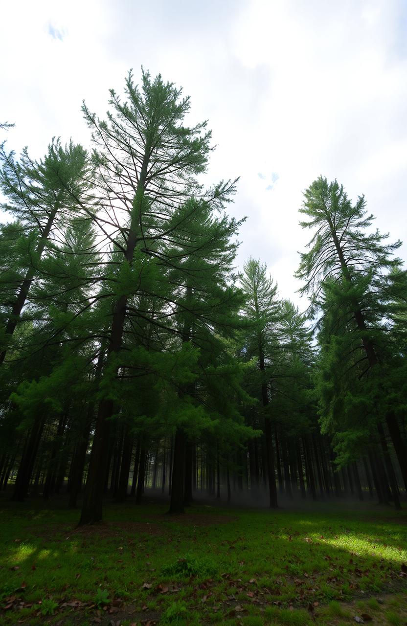 A serene forest scene under a cloudy sky, with tall, lush green trees swaying gently in the breeze