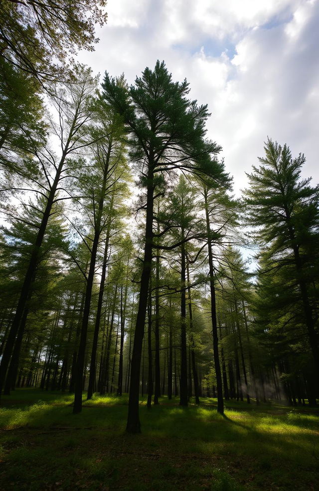 A serene forest scene under a cloudy sky, with tall, lush green trees swaying gently in the breeze