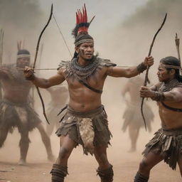 Transform the scene to show the tribal men defending their homeland using arrows