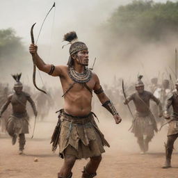 Transform the scene to show the tribal men defending their homeland using arrows