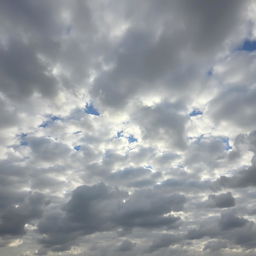 An expansive view of a cloudy sky filled with varying shades of gray and white clouds, some fluffy and others more textured, creating a dynamic and dramatic atmosphere