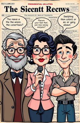 A cartoon-style illustration featuring three distinct presidential candidates, each with unique faces and styles, resembling characters from old newspaper comic strips