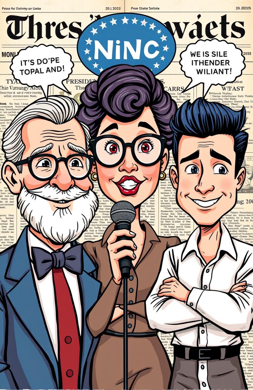 A cartoon-style illustration featuring three distinct presidential candidates, each with unique faces and styles, resembling characters from old newspaper comic strips