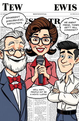 A cartoon-style illustration featuring three distinct presidential candidates, each with unique faces and styles, resembling characters from old newspaper comic strips