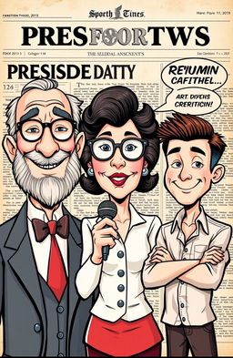 A cartoon-style illustration featuring three distinct presidential candidates, each with unique faces and styles, resembling characters from old newspaper comic strips