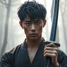 A young handsome man with striking black hair, holding a katana in his right hand while displaying a sad expression on his face