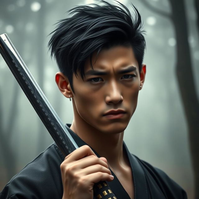 A young handsome man with striking black hair, holding a katana in his right hand while displaying a sad expression on his face