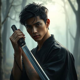 A young handsome man with striking black hair, holding a katana in his right hand while displaying a sad expression on his face