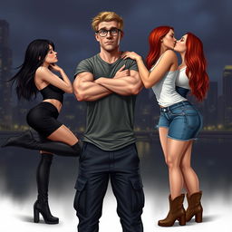 A realistic style image featuring a muscle-toned nerdy man in a grey t-shirt and dark blue cargo pants, wearing glasses and having dirty blonde hair