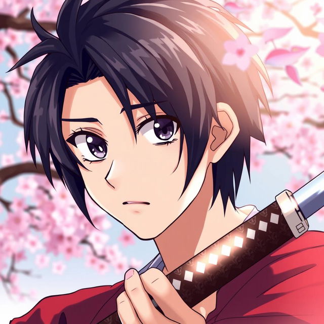 An anime-style young handsome man with striking black hair, holding a katana in his right hand while displaying a sad expression on his face