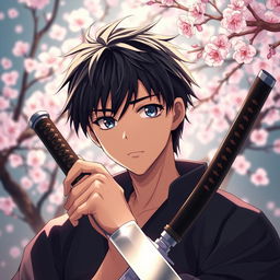 An anime-style young handsome man with striking black hair, holding a katana in his right hand while displaying a sad expression on his face
