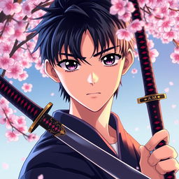 An anime-style young handsome man with striking black hair, holding a katana in his right hand while displaying a sad expression on his face