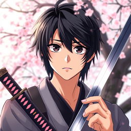 An anime-style young handsome man with striking black hair, holding a katana in his right hand while displaying a sad expression on his face