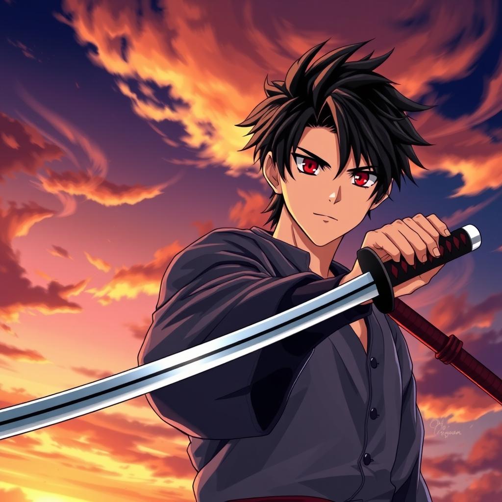 An anime-style young handsome man with striking black hair and captivating red eyes, holding a katana in his right hand