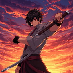 An anime-style young handsome man with striking black hair and captivating red eyes, holding a katana in his right hand