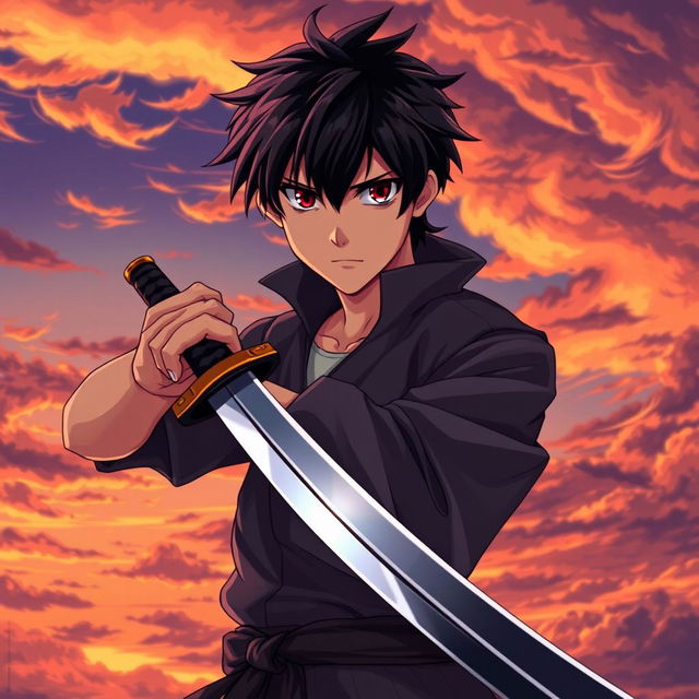 An anime-style young handsome man with striking black hair and captivating red eyes, holding a katana in his right hand